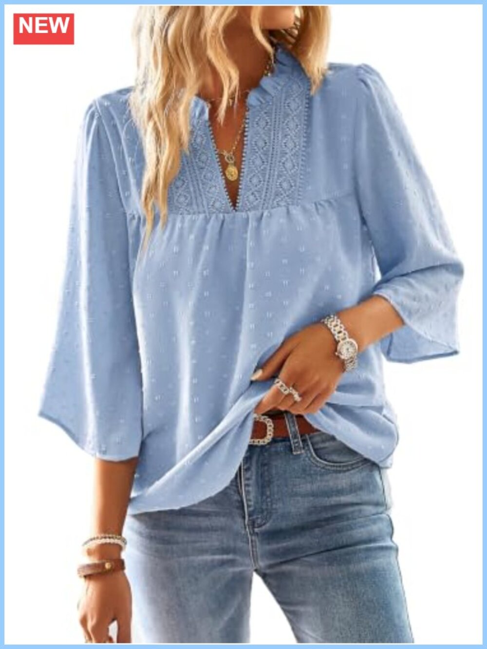 Womens Boho Crochet Lace V-Neck Tunic Top 3/4 Bell Sleeve